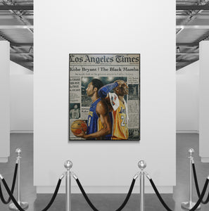 Poster of two basketball players on a wall in a museum setting