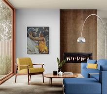 Modern living room with blue sofa, yellow armchair, and fireplace.