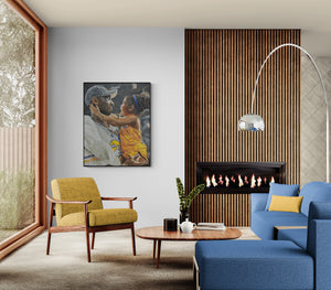 Modern living room with blue sofa, yellow armchair, and fireplace.