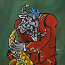 "Buffalo Bull and His Golden Saxophone" by Nagui Achamallah, Acrylic on Canvas