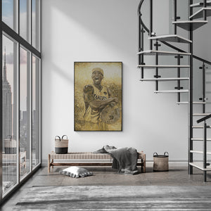 Modern interior with a large window, spiral staircase, and a framed picture of a basketball player on the wall.