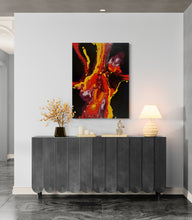 Modern interior with a console table, abstract painting, and decorative items.