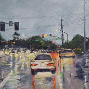 "Stop Lights in the Rain" by Cecilia Kelleher, Acrylic on Canvas