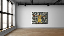Modern room with large windows and a wall art of a basketball player in a yellow jersey.