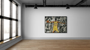 Modern room with large windows and a wall art of a basketball player in a yellow jersey.