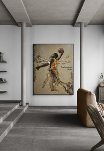 Living room with a framed artwork of a basketball player on a white wall.