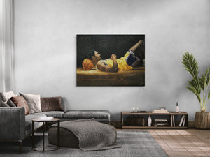 Living room with a painting of a person lying on the floor with a basketball and drumsticks.