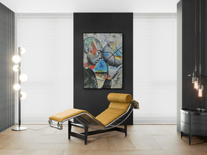 Modern interior with a yellow lounge chair, abstract painting, and floor lamp.