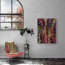 Modern interior with a colorful abstract painting on a gray wall, a pink chair, and a plant.