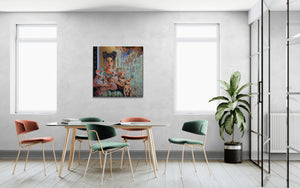 Modern dining area with colorful chairs and a painting on the wall.