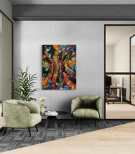 Modern interior with green armchairs and a colorful abstract painting on a gray wall.