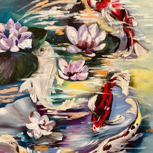 "Koi Cascade" by Mojgan Vahdati-Nia, Oil and Gold Leaf on Canvas