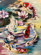 "Koi Cascade" by Mojgan Vahdati-Nia, Oil and Gold Leaf on Canvas