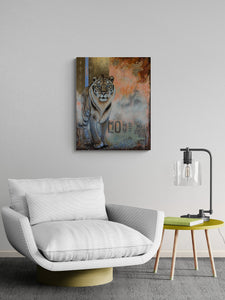 Modern living room with a white armchair, small table, and a painting of a tiger on the wall.