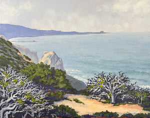 "Golden Hour Stroll in Crystal Cove Cliffs" by Samuel Pretorius, Acrylic on Canvas