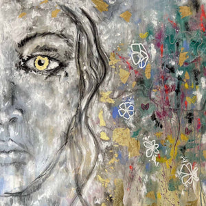 “Stars in Her Eyes, Scars on Her Heart” by Scotti Taylor, Mixed Media on Canvas