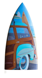 "Beach’n Woody" by Dwight Touchberry, Mixed Media on Recycled Surfboard