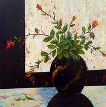 Black Oriental Vase with Small Roses by Catherine Hamilton, Acrylic on Canvas