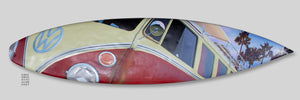 "‘65 VW 13 Window Bus" by Dwight Touchberry, Mixed Media on Recycled Surfboard