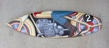 "Tin Toy Motorcycle" by Dwight Touchberry, Mixed Media on Recycled Surfboard