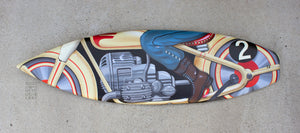 "Tin Toy Motorcycle" by Dwight Touchberry, Mixed Media on Recycled Surfboard