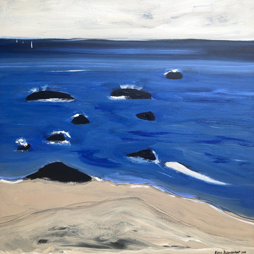 “Black Rocks, Blue Sea” By Karen Bezuidenhout, Mixed Media on Canvas