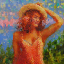 "Girl in Sundress and Straw Hat" by Marilyn Weisberg, Acrylic on Watercolor Paper
