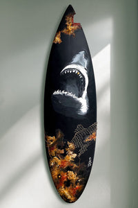 “Seven Seas of Savage N.o2”  by Samantha Nicoletti, Acrylic Mixed Media on Recycled Surfboard
