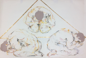 Traid, Three Males in Prayer, Mixed Media on Cotton Paper