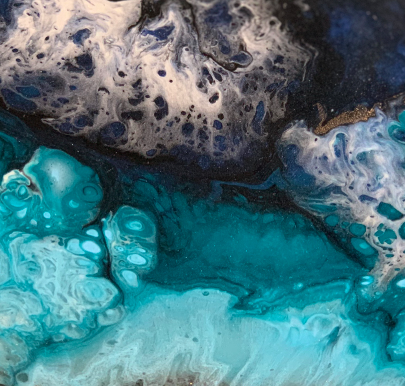 “Blue Ice Volcano” By Shelley Wilder, Resin, Acrylics and Inks on Glass