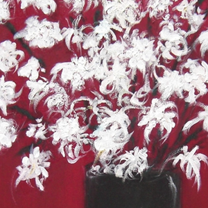 “Chrysanthemums and The Rice Bowl” By Michela Curtis, Oil on Canvas