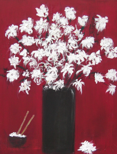 “Chrysanthemums and The Rice Bowl” By Michela Curtis, Oil on Canvas