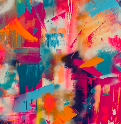 “Tequila Sunrise” By Rachel Camilleri, Acrylic and Spray Paint on Canvas  