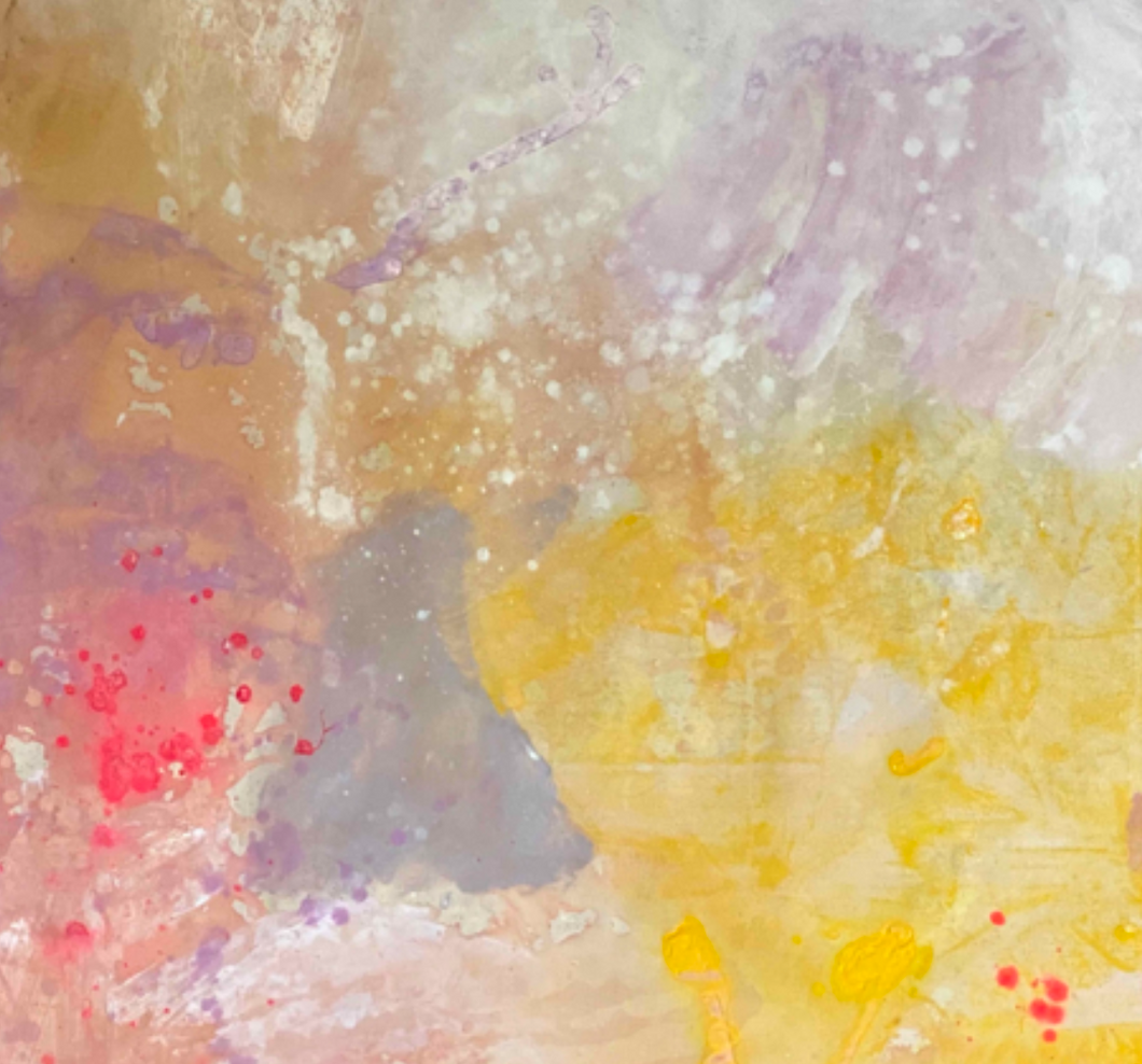 “Yellow and Pink” By Kathleen Rhee, Mixed Media on Canvas