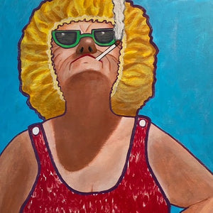 "The Laundry is Overflowing and Dirty Dishes are Piled High, but Barb Doesn't Give a Damn"  by Joselyn Miller, Acrylic on Wood