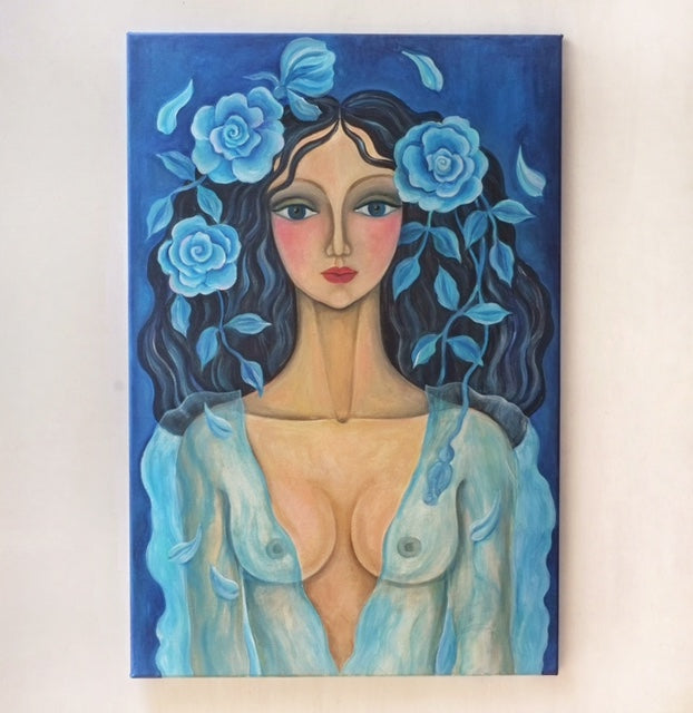 “Rose Romance In Blue” by LEONOR, Acrylic on Canvas