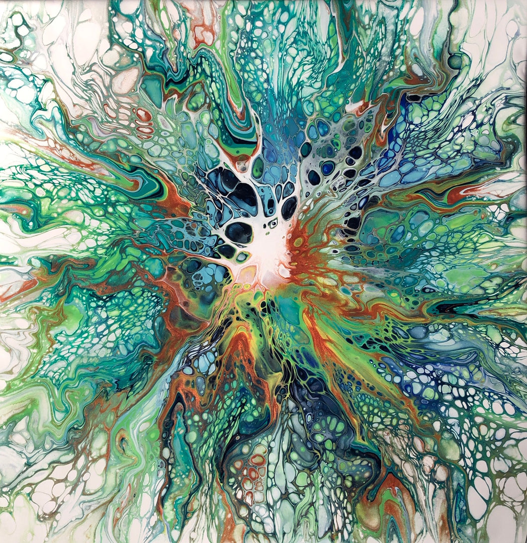 “Green Explosion“ By Farah Singer, Acrylic and Resin on Canvas