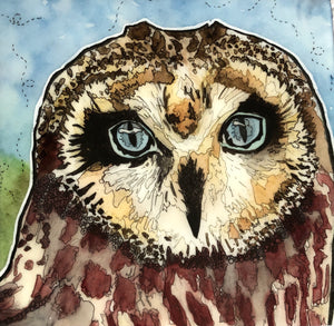 "Blue Eyed Owl" By Kim Winberry, Watercolor, India Ink, and Art Resin