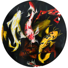 “Koi” by Brittany Ciauri, Acrylic and Metallic Foil on Pine Round