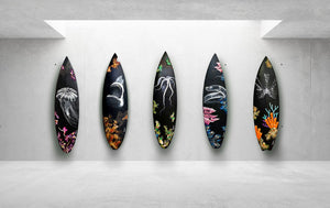 “Seven Seas of Savage N.o2”  by Samantha Nicoletti, Acrylic Mixed Media on Recycled Surfboard