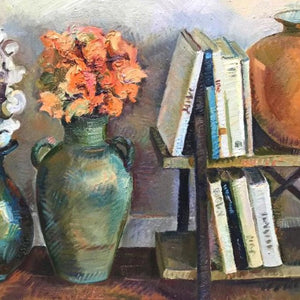 "Still Life with Book Shelf" by Hana Vater, Oil on Canvas