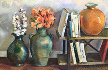 "Still Life with Book Shelf" by Hana Vater, Oil on Canvas